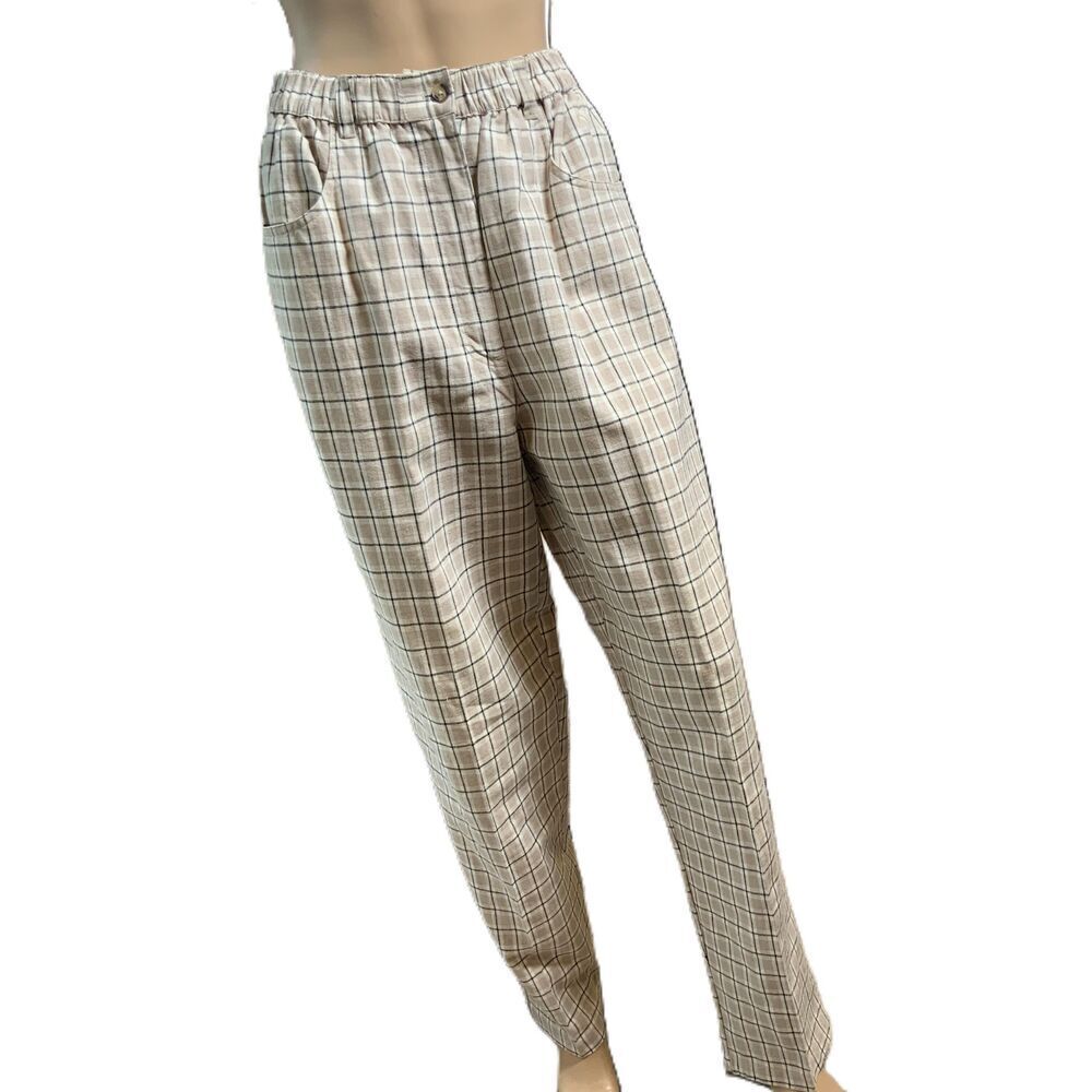 Baxter Wells Neutral Plaid Pattern Linen Blend Pants Sz 10 Preppy Light Academia
